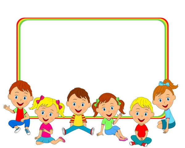 Niños y niñas sentados en el suelo y el marco — Vector de stock