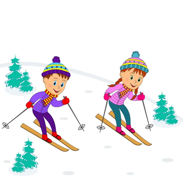Мальчик и девочка на лыжах — стоковый вектор