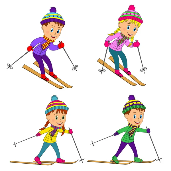 Boys and girls on the ski collection — Stock Vector