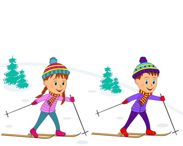 Мальчик и девочка на лыжах — стоковый вектор