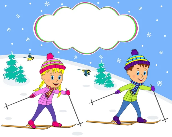 Pojke och flicka på skidor på vintern bakgrunden — Stock vektor