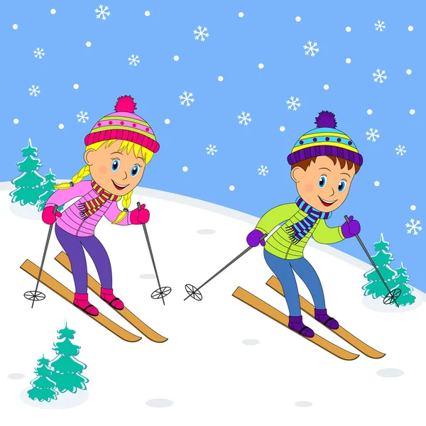 Boy and girl on skiing — Stock Vector