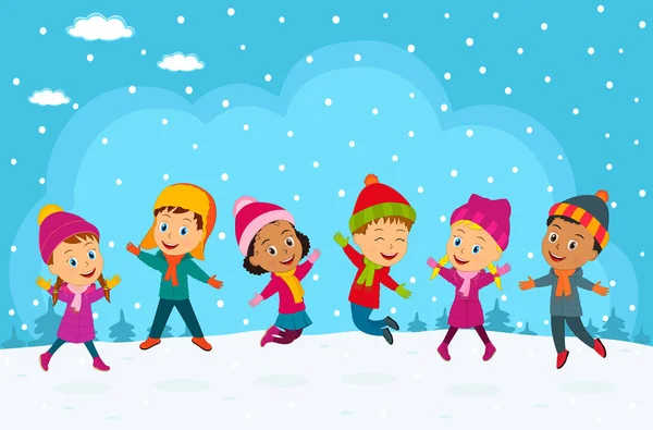 Kreslené Malé Děti Skok Zimní Pozadí Ilustrace Vektor — Stockový vektor