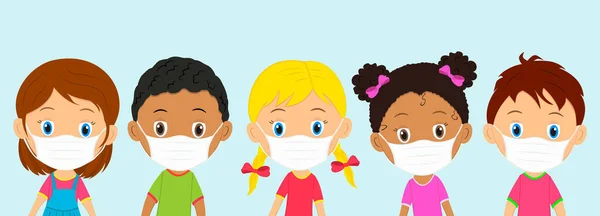 Niños Con Máscaras Protección Médica Ilustración Vector — Vector de stock