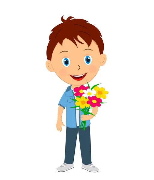 Niedlicher Cartoon Junge Mit Blumen Vektor Illustration — Stockvektor