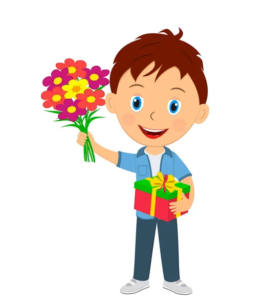 Niedlicher Cartoon Junge Mit Blumen Und Geschenk Vektor Illustration — Stockvektor