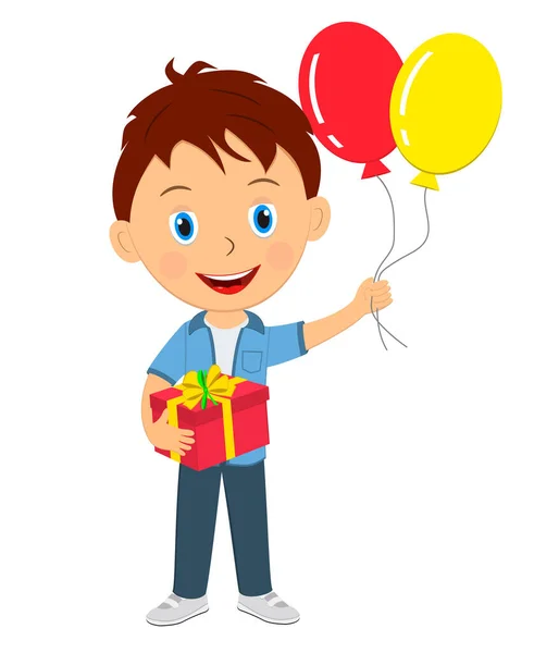 Cute Cartoon Boy Gift Balloons Vector Illustration — Stock Vector