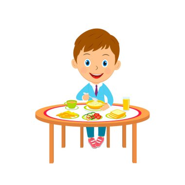 Çizgi filmci çocuk masada yiyor, çizim yapıyor, vektör veriyor.