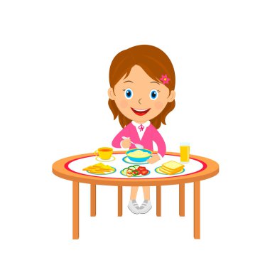 Çizgi film kızı masada yemek yiyor, çizim yapıyor, vektör veriyor.