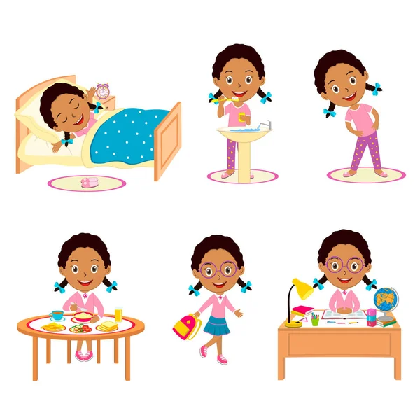 Cute Cartoon Little Girl Daily Routine Illustration Vector — Stock Vector