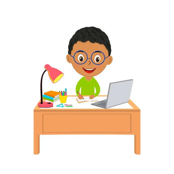 Cute Cartoon Boy Using Computer Illustration Vector — ストックベクタ
