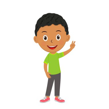 Tatlı çizgi film çocuğu zafer işareti, illüstratin, vektör gösteriyor.