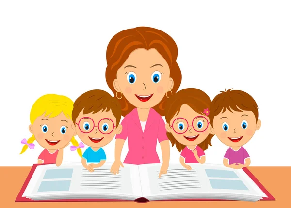Carino Cartone Animato Bambini Insegnante Lettura Libro Illustrazione Vettore — Vettoriale Stock