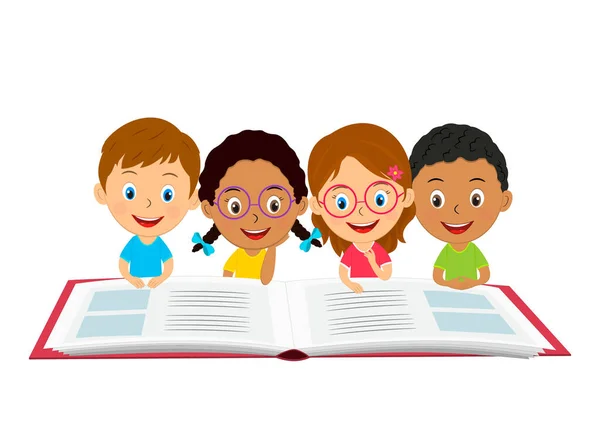 Schattig Cartoon Kinderen Lezen Boek Illustratie Vector — Stockvector