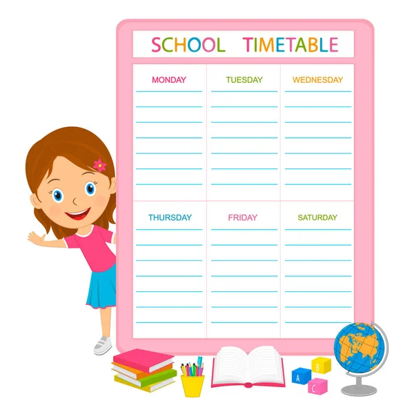 Cute Cartoon Girl School Timetable Illustration Vector — Stock Vector