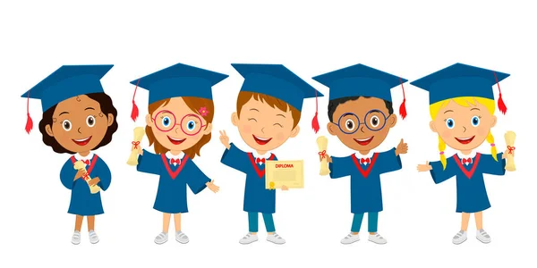 Cute Cartoon Graduation Kids Stand Diploma Illustration Vector — Stock Vector