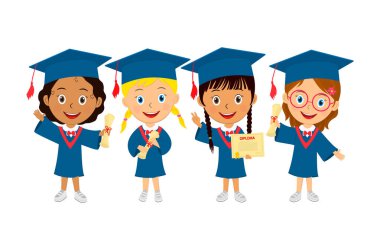 Güzel çizgi film mezuniyet kızları diploma, illüstrasyon ve vektörle ayakta duruyorlar.