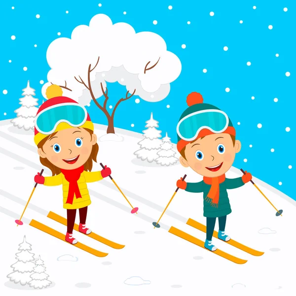 Bonito Desenhos Animados Crianças Esqui Fundo Inverno Ilustração Vetor — Vetor de Stock