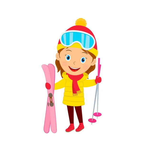 Schattig Cartoon Meisje Staan Met Ski Illustratie Vector — Stockvector