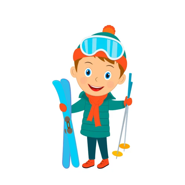 Cute Cartoon Boy Stand Skis Illustration Vector — Stock Vector