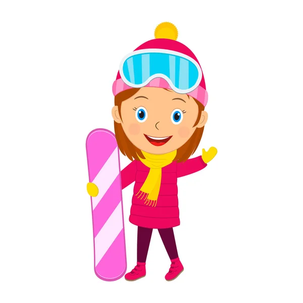 Dzieci Sport Zimowy Snowboard Kreskówki Dziewczyna Stoją Snowboardu Ilustracja Wektor — Wektor stockowy