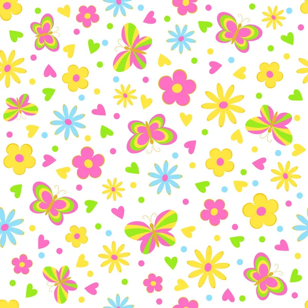 Papillons, fleur et coeurs sans couture, motif — Image vectorielle