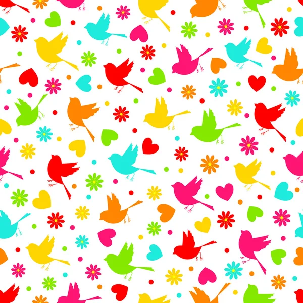Farbenfrohe, nahtlose Muster aus Vogel, Blume und Herzen — Stockvektor
