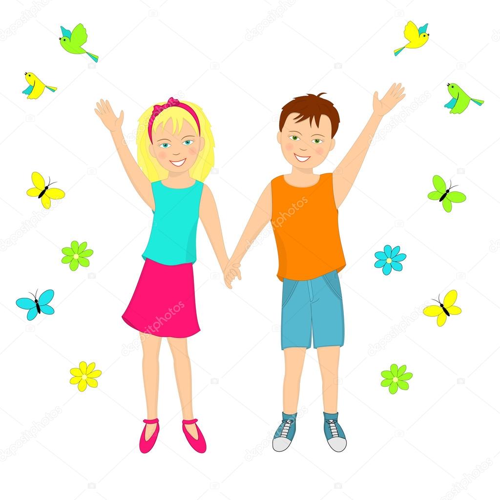 boy and girl holding hands and waving their hands
