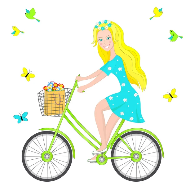 Blonde fille sur un vélo — Image vectorielle