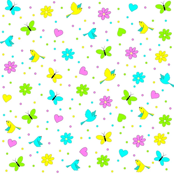 Vzor bezešvé, motýli, ptáci a květina — Stockový vektor