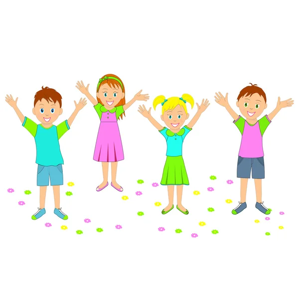Boys and girls smiling with their hands up — Stock Vector