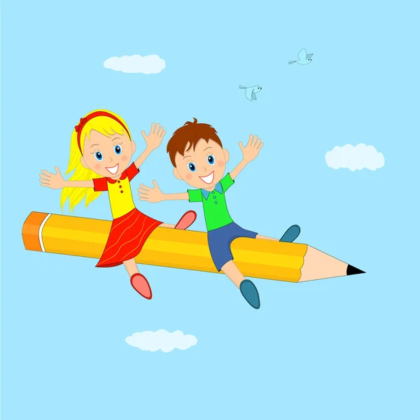 Jongen en meisje vliegen op een potlood — Stockvector