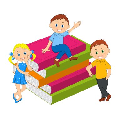 children, boy, girl and a stack of books clipart