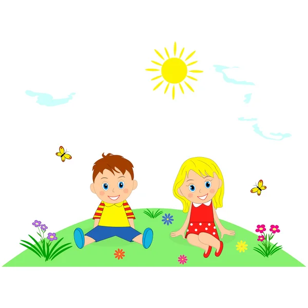 Kinder auf einer grünen Wiese mit Blumen — Stockvektor