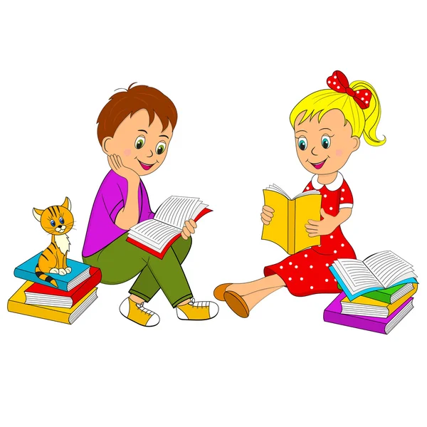 Girl and boy read the book — Stock Vector