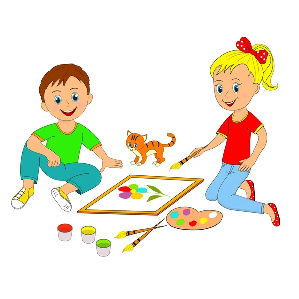 Children, boy and girl painting — Stock Vector