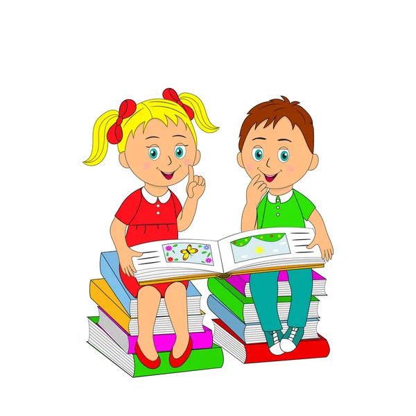 Children, a boy and a girl reading a book sitting on a pile of b — Stock Vector