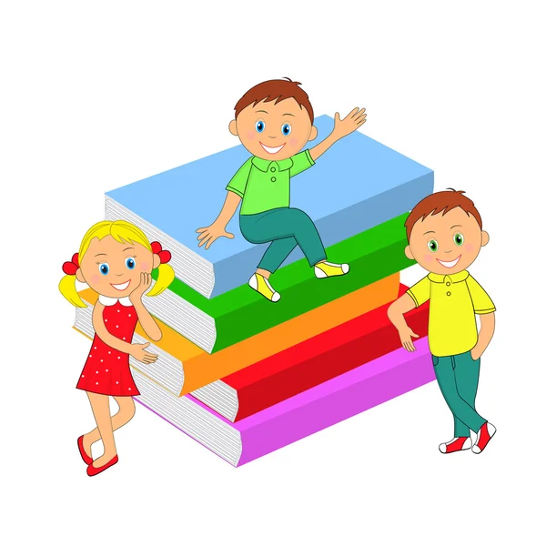 Crianças, meninos, menina e uma pilha de livros — Vetor de Stock