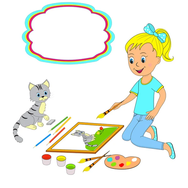 Dziewczyna siedzi na podłodze rysunek kota — Wektor stockowy