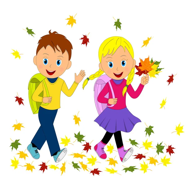 Çocuk, erkek ve kız sonbaharda okula gitmek — Stok Vektör