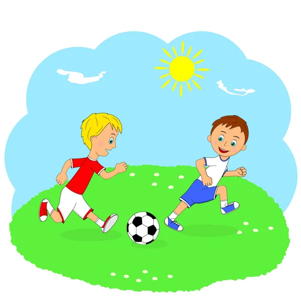 Dwóch chłopców gry w piłkę nożną na zielonej łące — Wektor stockowy