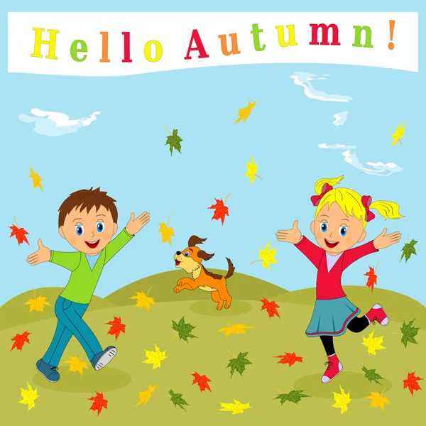 Хлопчик, дівчина і собака стрибають, осінь — стоковий вектор