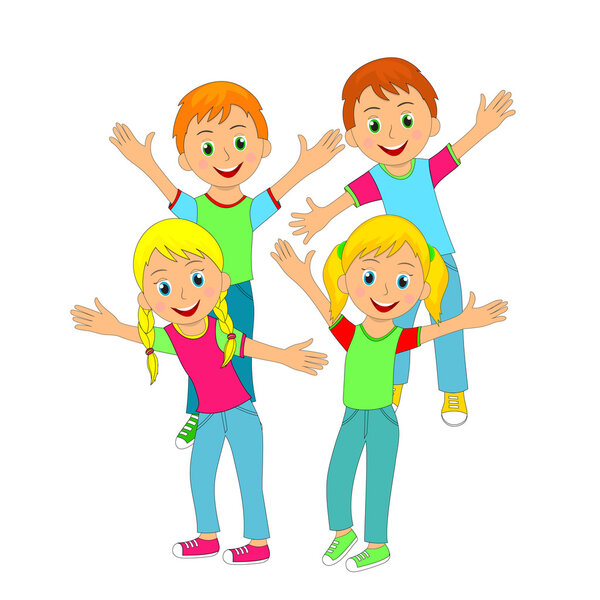 children,boys and girls smiling with their hands up