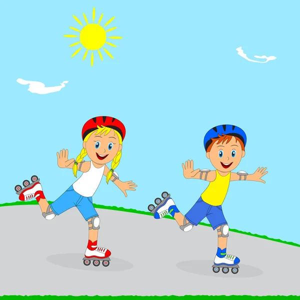 Children,boy and girl rollerblading — Stock Vector