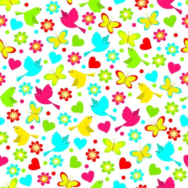Barevný vzor bezešvé, ptáků, motýlů a květů — Stockový vektor