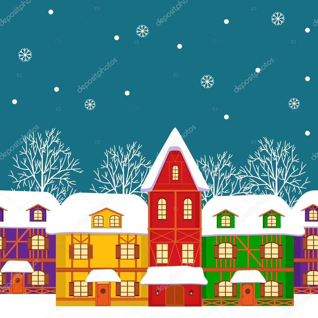 seamless, pattern of  street with colorful houses in winter