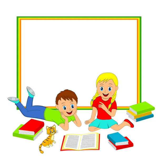 Frame with children, boy and girl reading a book — Stock Vector