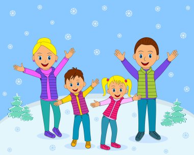 Elleri ile kışın gülümseyerek mutlu bir aile
