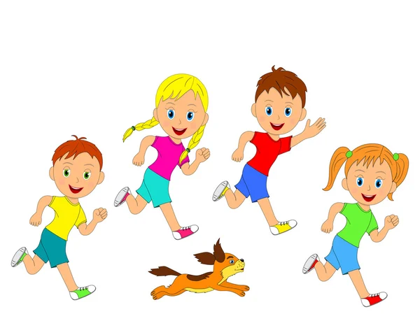 Children,boys,girsl and dog running — Stock Vector
