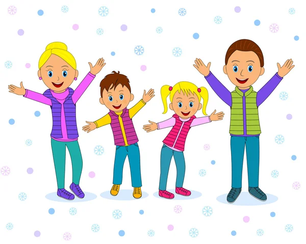 Famiglia felice sorridente con le mani alzate in inverno — Vettoriale Stock